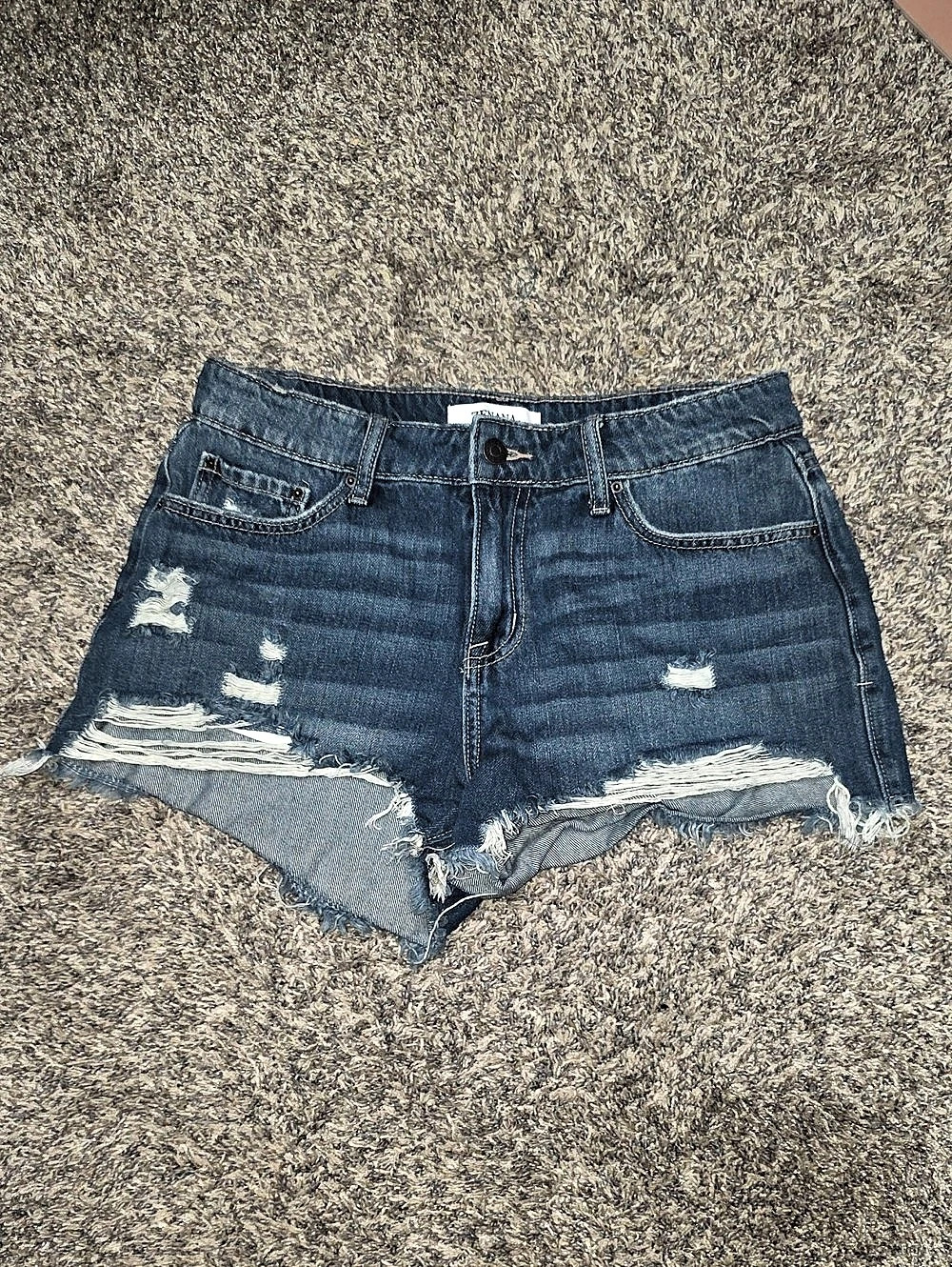 ZENANA Distressed Frayed Hem Denim Shorts Blue Medium